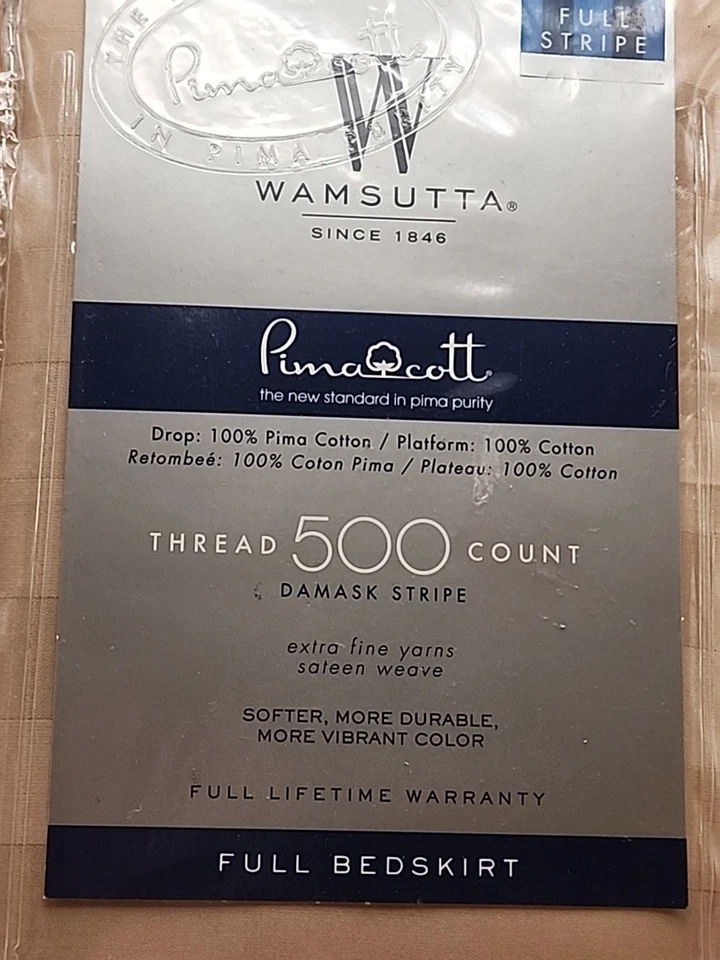 Wamsutta Pima Cotton Taupe Gold Damask Stripe Full Bed Skirt 500 Thread Count - Image 2 of 4