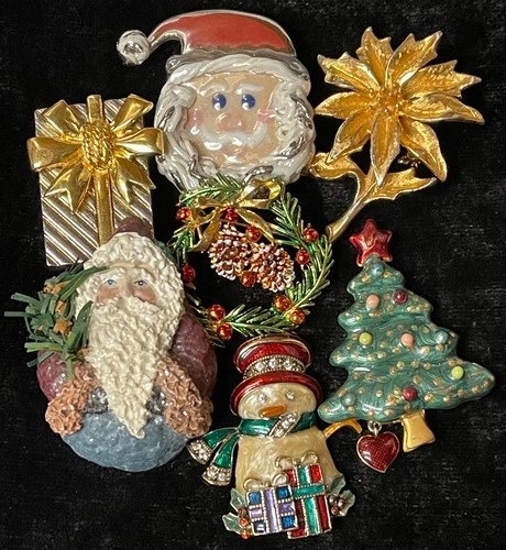 Vintage Christmas tree Santa Monet Tc Enesco brooch lot costume jewelry