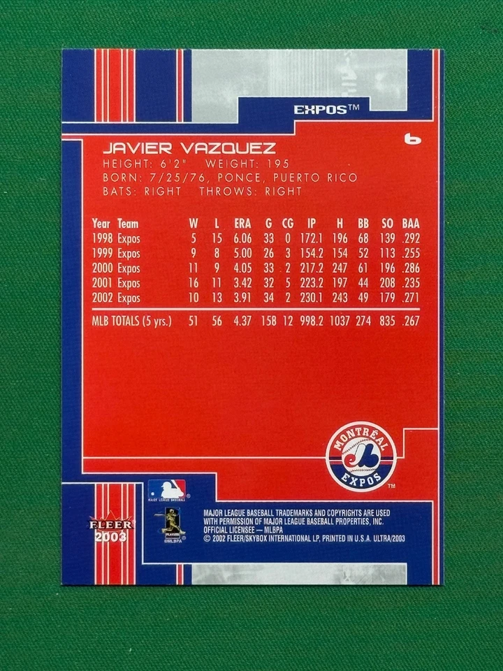 2003 Fleer Ultra Baseball #6 Javier Vazquez - Image 2 of 2