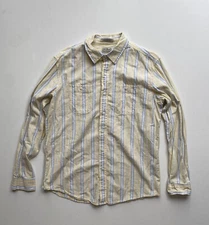 LL Bean Button Down Shirt Mens Large Yellow Blue Striped Cotton Linen Blend