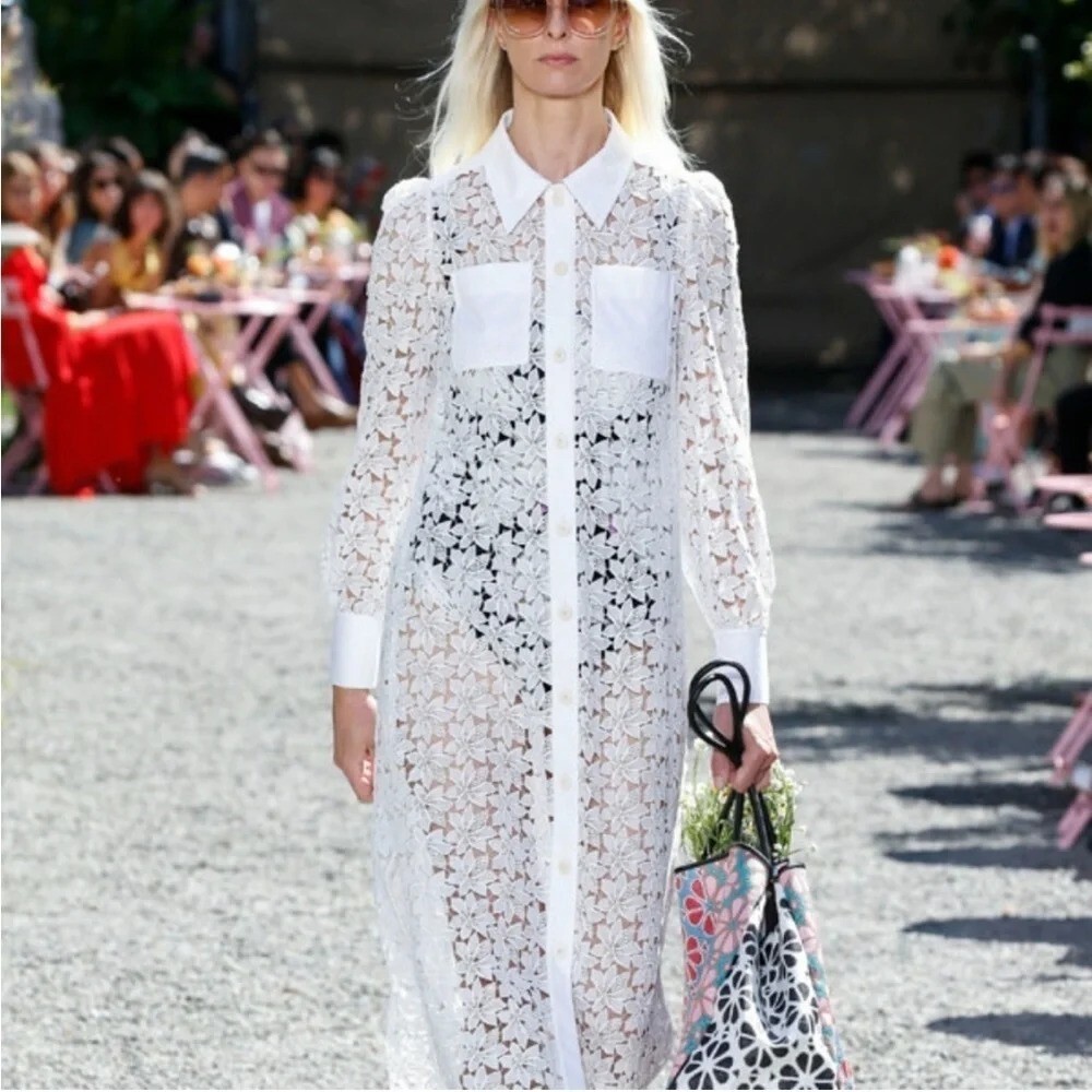 kate spade leaf lace dress Kate Spade Leaf Lace Shirt Dress Long Sleeve Lace Midi Shirt Dress White 0  Belt