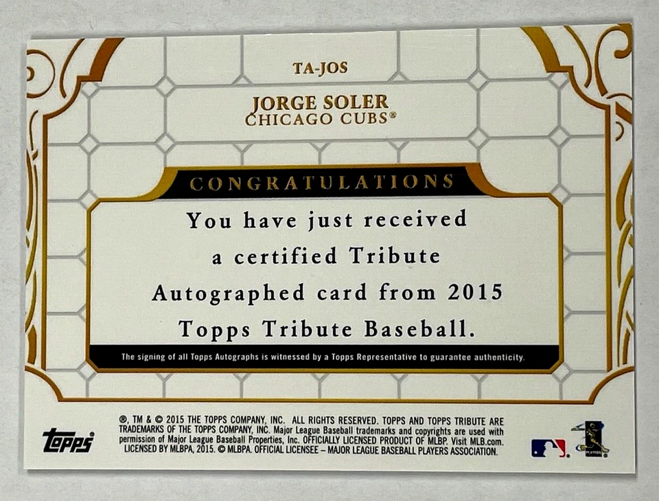 Jorge Soler 2015 Topps Tribute Auto RC 27/75 BONITO Cubs Foto 2 de 3