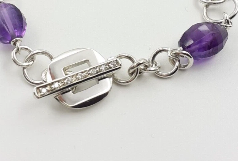Bracciale Ametista argento 925 diamanti gioiello donna catena chiusura a T - Immagine 3 di 4