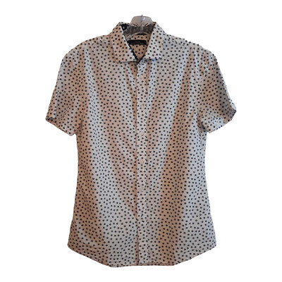 Celio Shirt Mens Small 14 White Blue Anaflor Print Button Down Short Sleeve