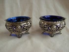 PAIR OF ANTIQUE FRENCH STERLING SILVER BLUE CUT CRYSTAL SALT CELLARS,LATE XIX