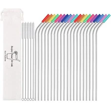 Set Of 20 10.5" Reusable Stainless Steel Straws Bent Reusable Straws With 20 Sil