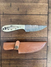 8" CUSTOM HANDMADE DAMASCUS FISH ENGRAVING BONE HANDLE WITH LEATHER SHEATH 124