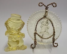 Vtg Mosser Glass Little Fiddler Clown Tuffy Yellow w. Matching Plate