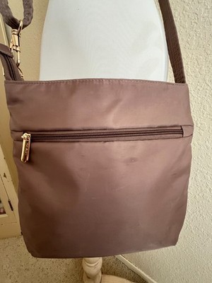 Travelon Lt Brown Crossbody Anti-Theft RFID Pink Lining Purse 11'' Square Clean