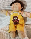 Cabbage Patch Kids Baby Doll Curly Brown Hair Brown Eyes Yellow Bear Overalls