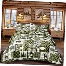 3 Piece Cabin Size Quilt Sets Farmhouse Rustic Reversible King Bear Green