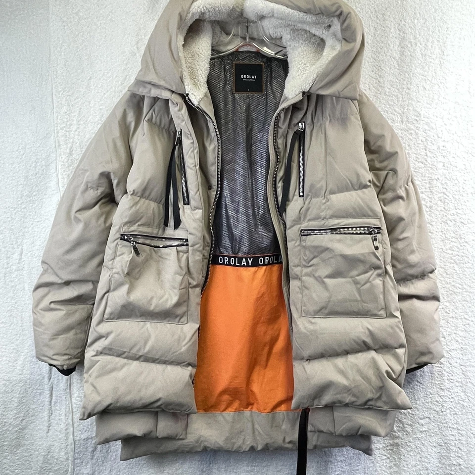 Orolay вниз пуховик куртка женщин большой бежевый с капюшоном парка шерпа с подкладкой карманы - Изображение 3 из 4
