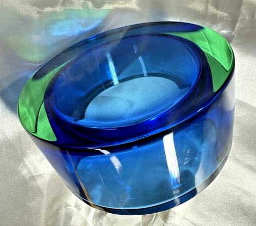 Vintage Murano Sommerso Blue & Green Heavy Round Art Glass Dish / Bowl - MCM