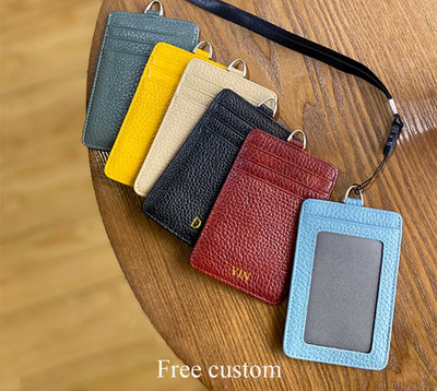 I Leather ID Card Holder Personalised With Name Lanyard Office Work Card Holder