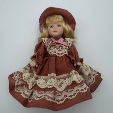 Vintage Porcelain Doll Victorian Style Red Dress Lace Hat Collectible Decor