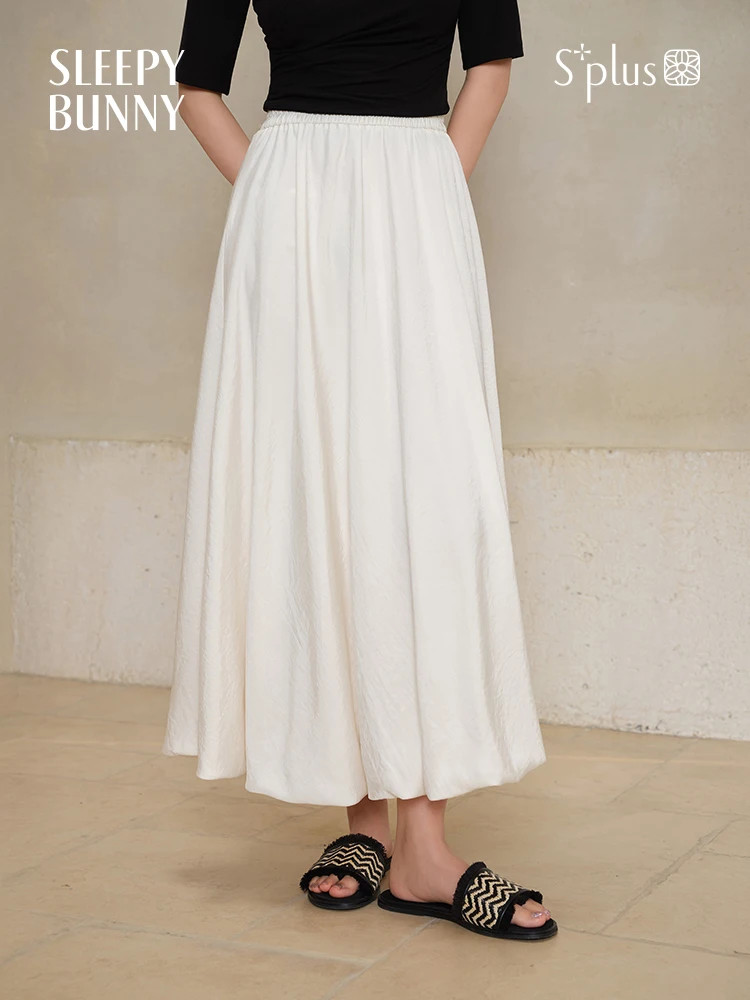 Cloud Bubble Hem A-Line Midi Skirt for Women Summer High Waist Elastic Waistband Flowy