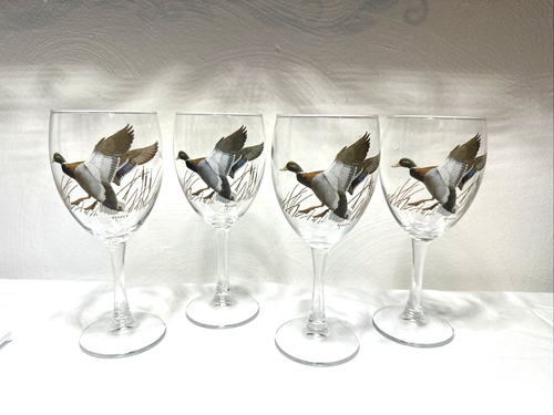 Set of 4 "David Maass" Mallard Duck Waterfowl Wine Glasses Duck Hunter Wildlife