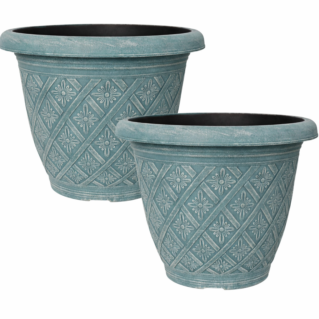 2Pc Round Plastic Plant Pot 33cm Teal  Woven Flower Garden Decor Planter Pot