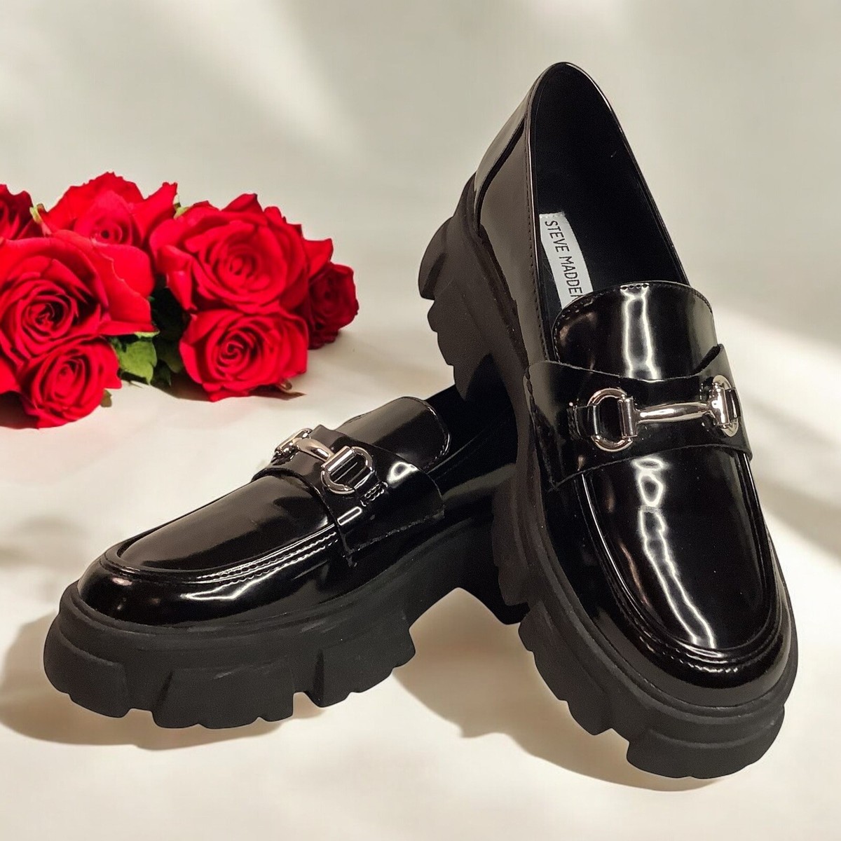 Steve Madden Trifecta Black Chunky Platform Patent Buckle Loafers