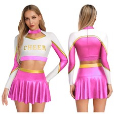 Womens Cheer Leader Costume Uniform Cheerleading Crop Top Pleated Mini Skirt