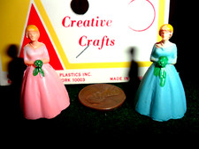 Vintage Plastic Miniature Bridesmaids lot of 2 (1 Pink Dress and 1 Blue Dress)