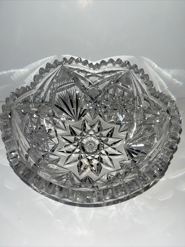 Vintage American Brilliant Cut glass Crystal Bowl Star Design Large 9” - Picture 7 of 14