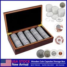 50 pcs 46MM Coin Capsules Storage Box & Wooden Case Holder Collection Container