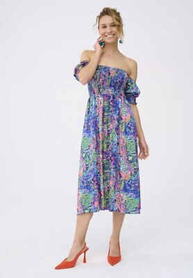 Blue Shadow Women's Floral Dress Off The Shoulder Size 40 (S/M)