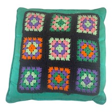 Vintage Hand Made Throw Pillow Crochet Granny Square Boho Decor Green Roseanne