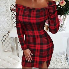 Red Plaid Off Shoulder Dress Size S