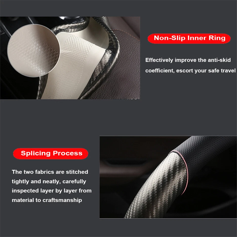 15'' Car Anti Slip Steering Wheel Cover Carbon Black Fiber Leather Accessories Foto 4 de 4