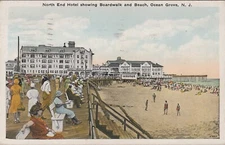 Ocean Grove NJ 1935 North End Hotel Boardwalk Beach, vintage New Jersey Postcard
