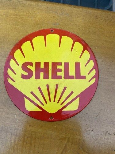 Red and Yellow Shell Gasoline Porcelain Sign 8”