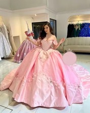 Pink Bead Quinceanera Dresses Ball Gown Appliques Princess Dress Off The Shoulde