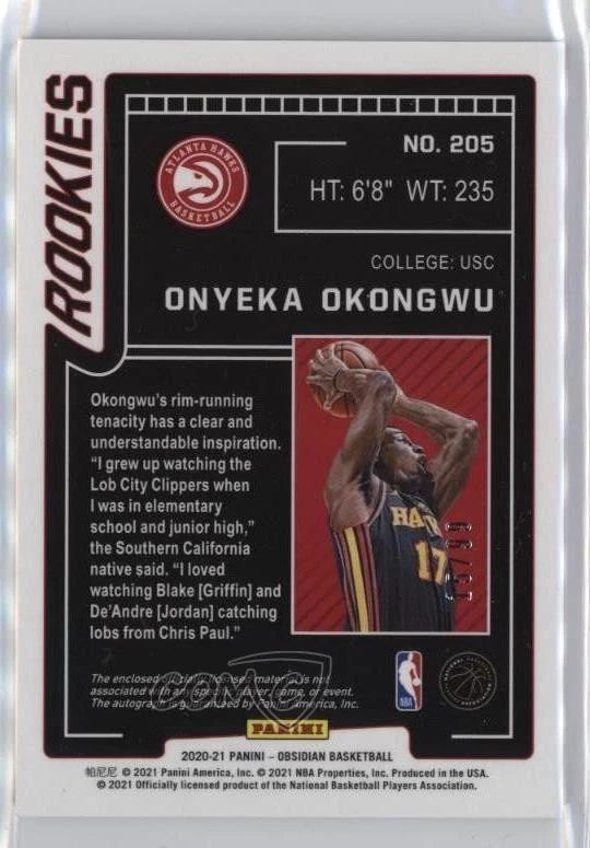 2020-21 Panini Obsidian Jersey /99 Onyeka Okongwu #205 Rookie Auto RC - Image 2 of 2