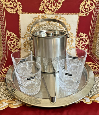 Godinger Dublin Ice Bucket, Tray, Tongs  & 4 Shannon Crystal Cocktail Glasses