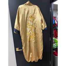 Vintage Gold Satin Dragon Kimono Robe Blue Brocade Trim Large Souvenir Sukajan