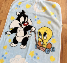 Vintage '99 Baby Looney Tunes Sylvester Tweety Bird Blue Plush Blanket 42x31 EUC
