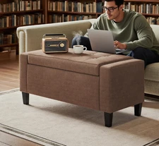 Storage Ottoman Bench w/Lift Top and Rubberwood Legs,Linen Upholstered Entryway