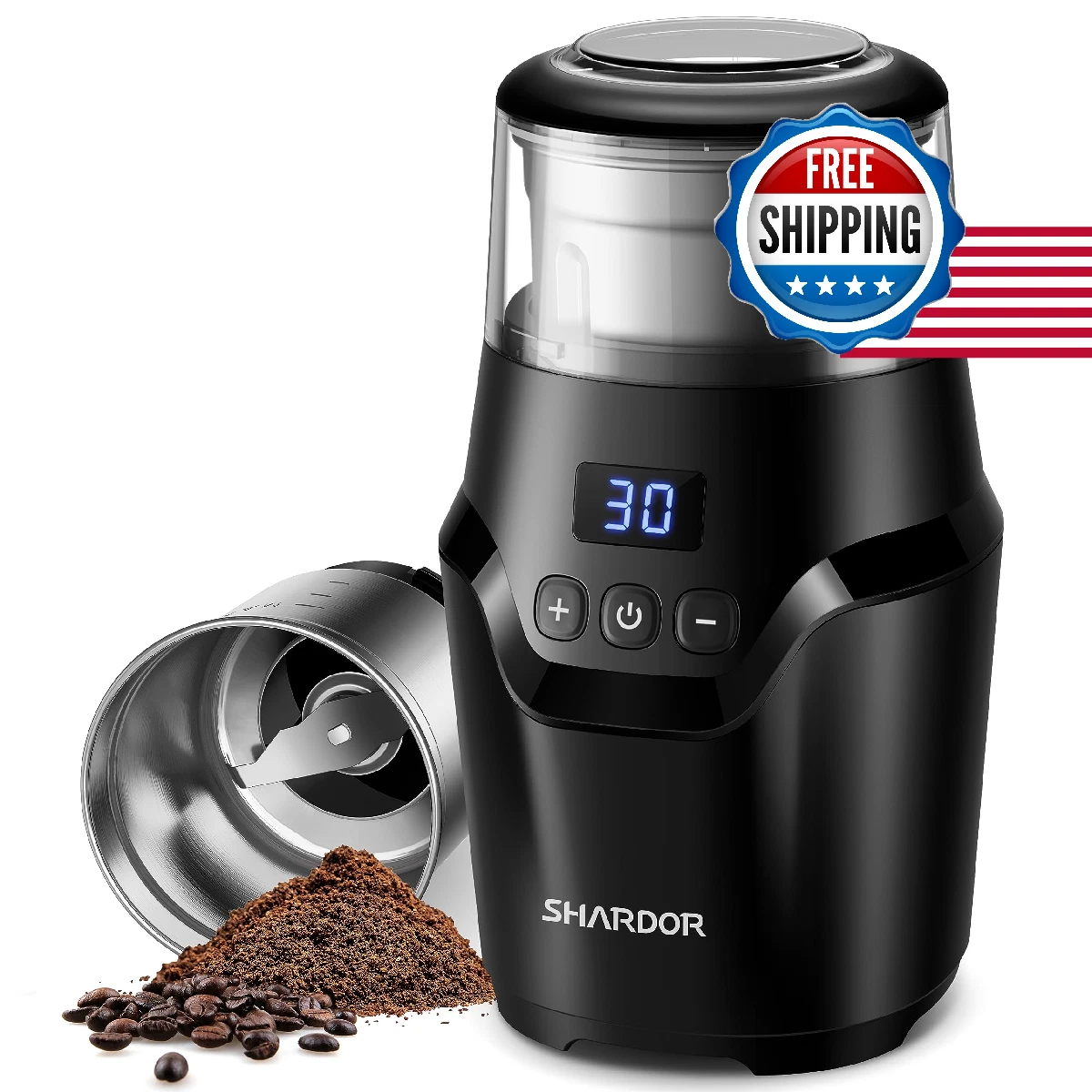 SHARDOR Adjustable Electric Coffee Grinder - Quiet, Stainless Steel Blades