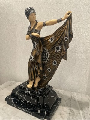 Art Deco Egyptian Style Woman Dancing In Gilded Dress Sculpture Signed 1998