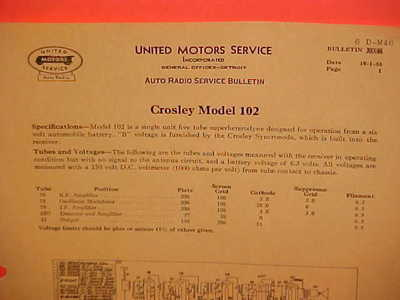 #ad 1933 UNITED MOTORS DELCO CROSLEY MODEL 102 RADIO SERVICE DATA MANUAL BULLETIN $20.99