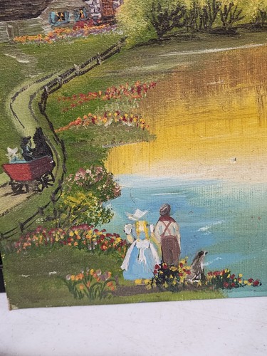 VINTAGE SIGNED M. ALLEN OIL PAINTING DUTCH WINDMILL LAKE LANDSCAPE SCENE - Picture 7 of 10
