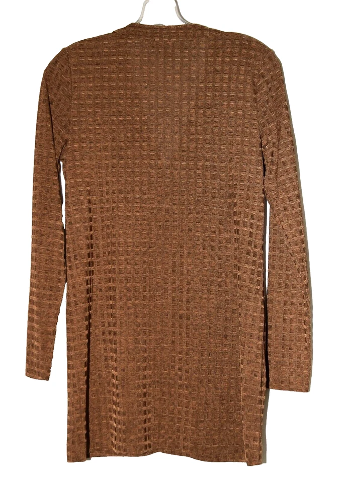 Dennis Basso Brown Semi-Sheer Check V-Neck Stretch Cardigan Sweater Size XXS - Image 3 of 4