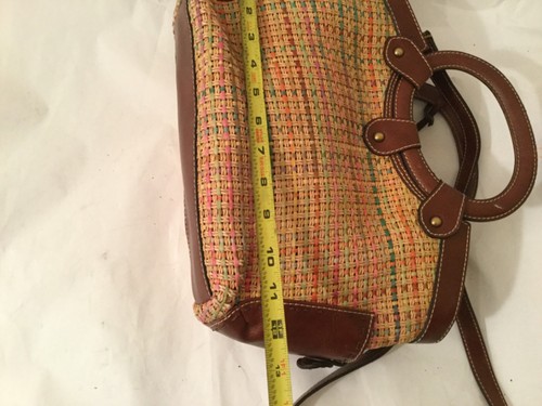 Fossil 75092 STRAW & Brown Leather Handbag Satchel Woven Beads Key - Picture 6 of 8