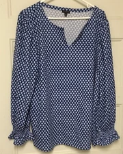 Talbots Smocked Cuff Top Trellis Print Blue Plus Size 2X