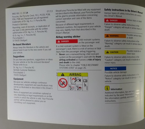 Manual Del Propietario / Manual Porsche 911 Carrera Tipo 991 Año Modelo 2014 - Imagen 2 de 5