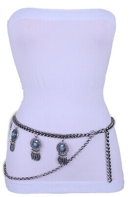 Women Silver Gold Metal Chain Belt Feather Turquoise Charms Size XS S M L XL XXL