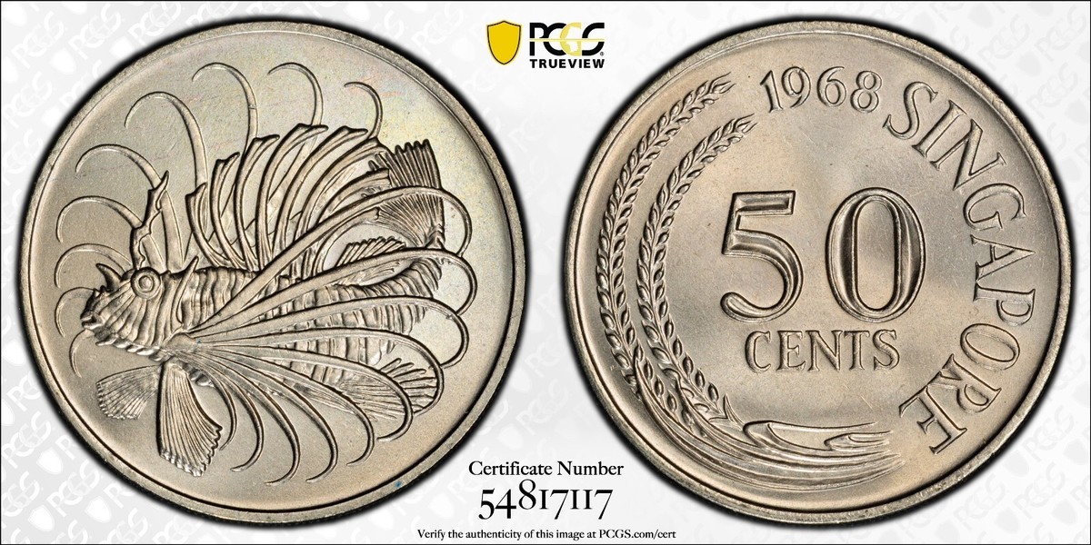 MS67 1968 50C Singapore 50 Cents, PCGS Trueview- Lustrous SOLO Top