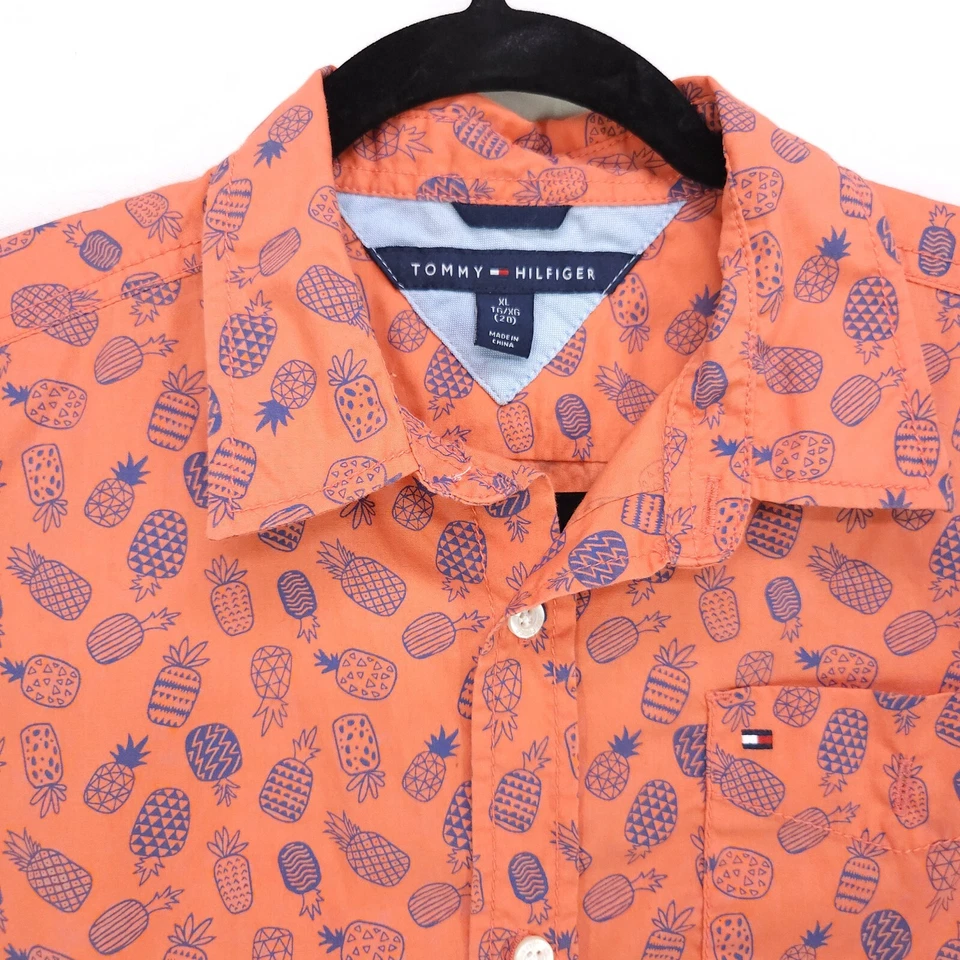 Tommy Hilfiger Abotonable Big Boy XL Naranja Estampado Piña Transpirable Peso Ligero Foto 3 de 4
